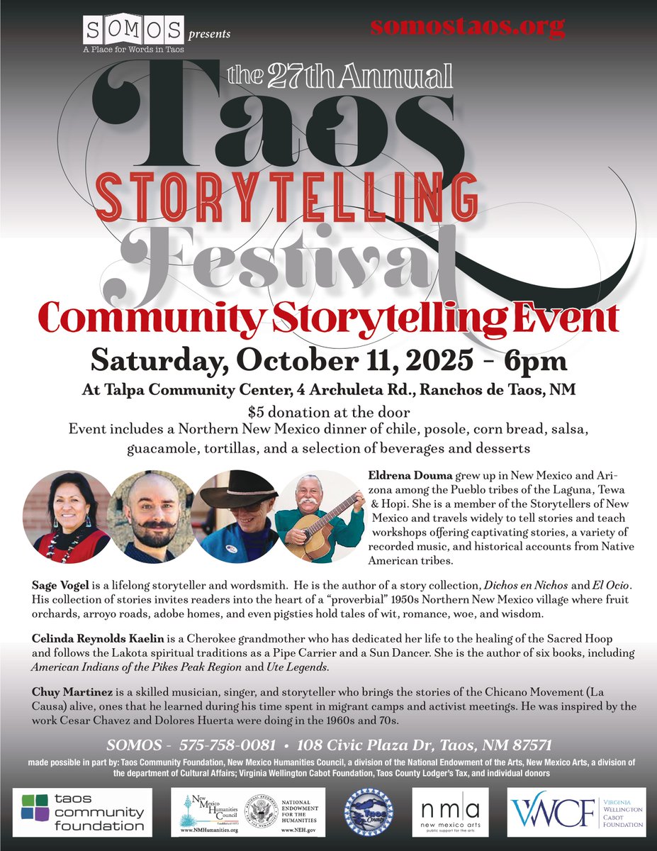 Join SOMOS for the 27th Annual Taos Storytelling Festival on October 11, 2025 in Taos, NM!