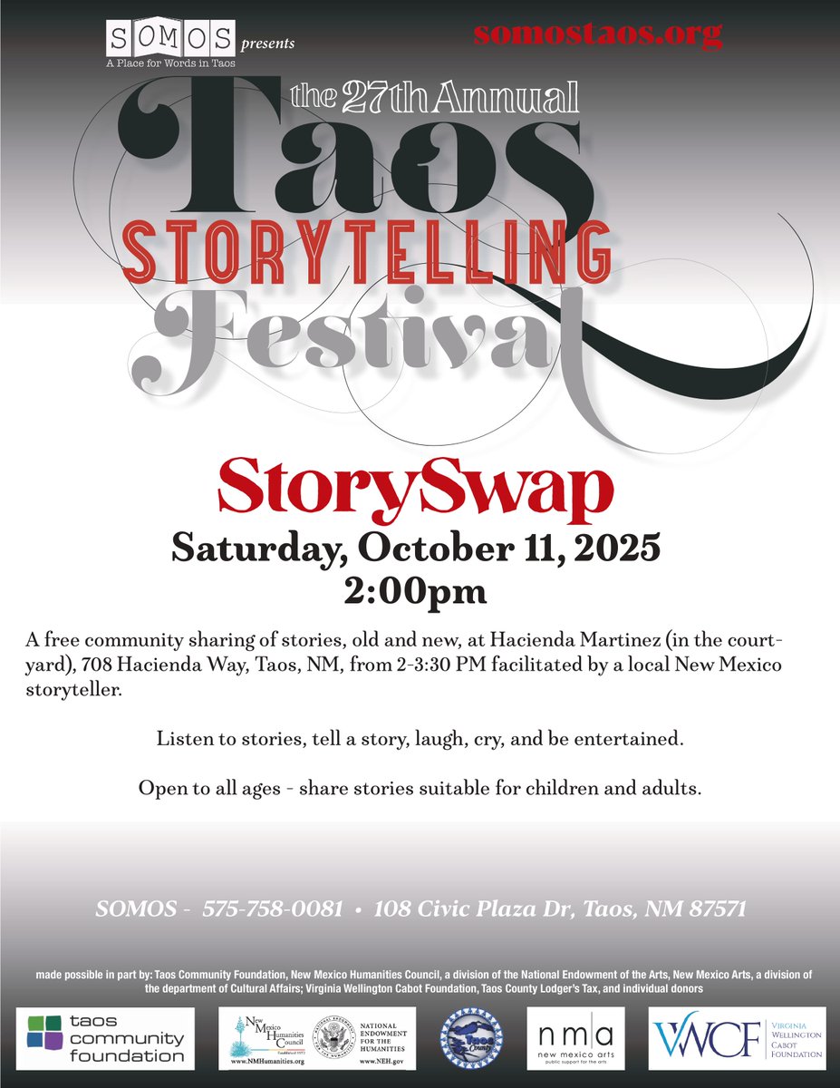 somostaos's tweet photo. Join SOMOS for the 27th Annual Taos Storytelling Festival on October 11, 2025 in Taos, NM! https://t.co/jfHdpKPV82