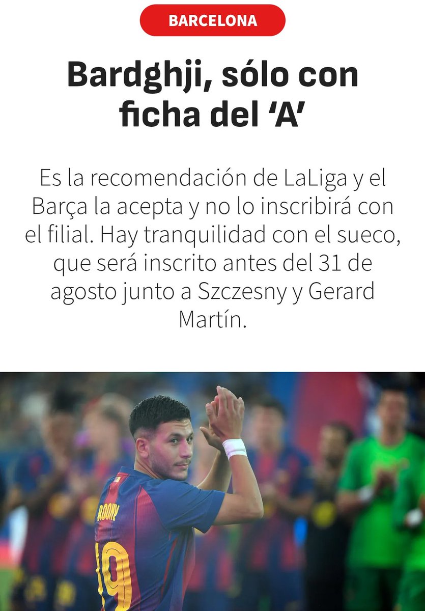 Miguel Galan (@miguelgalancnfe) on Twitter photo Roony Bardghji no será inscrito con el Barça Atlètic, <a href="/FCBarcelona_es/">FC Barcelona</a> para no incurrir en fraude de ley.
Se suele decir que "cuando el río suena, agua lleva", por lo que mi tweet sobre el presunto fraude de ley en la inscripción de Mastantuono como jugador del filial no va Roony Bardghji no será inscrito con el Barça Atlètic, <a href="/FCBarcelona_es/">FC Barcelona</a> para no incurrir en fraude de ley.
Se suele decir que "cuando el río suena, agua lleva", por lo que mi tweet sobre el presunto fraude de ley en la inscripción de Mastantuono como jugador del filial no va