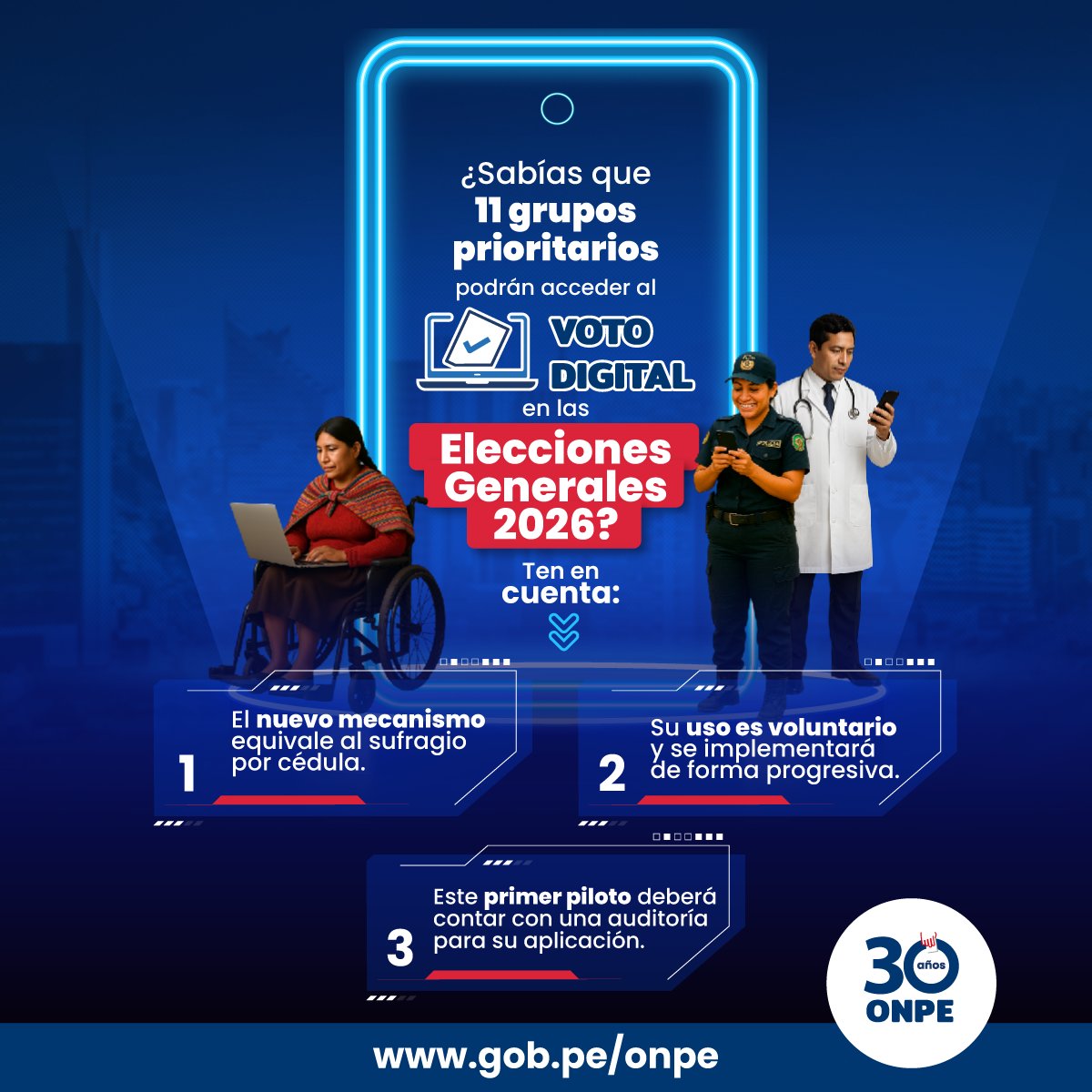 🔔 ¡Atención! A la fecha, 11 grupos prioritarios podrán acceder al #VotoDigital en las Elecciones Generales 2026.📱🗳️

✅ Es el primer piloto que implementaremos de esta modalidad de votación y deberá contar con una auditoría para su aplicación.

#EG2026