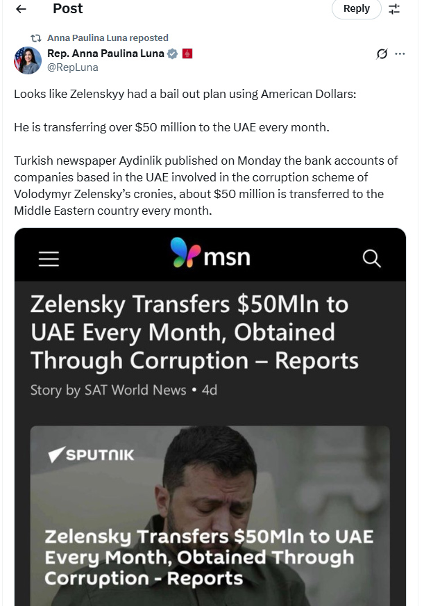I reported over a week ago that Zelensky and his cronies started wiring out $50 million chunks to hidden accounts in the UAE in anticipation that Trump will push through a peace deal, and that means Zelensky can no longer prevent elections. zurl.co/Xn0Vb
