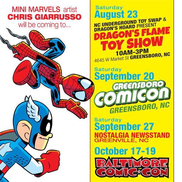 Chris Giarrusso (@chris_giarrusso) on Twitter photo Still catching my breath after Comic Con Nebraska and <a href="/ItsTerrifiCon/">TERRIFICon</a> (Both amazing conventions!) Next up: I'll be setting up with Gen X Toybox at DRAGON'S FLAME TOY SHOW this Saturday in Greensboro! Still catching my breath after Comic Con Nebraska and <a href="/ItsTerrifiCon/">TERRIFICon</a> (Both amazing conventions!) Next up: I'll be setting up with Gen X Toybox at DRAGON'S FLAME TOY SHOW this Saturday in Greensboro!