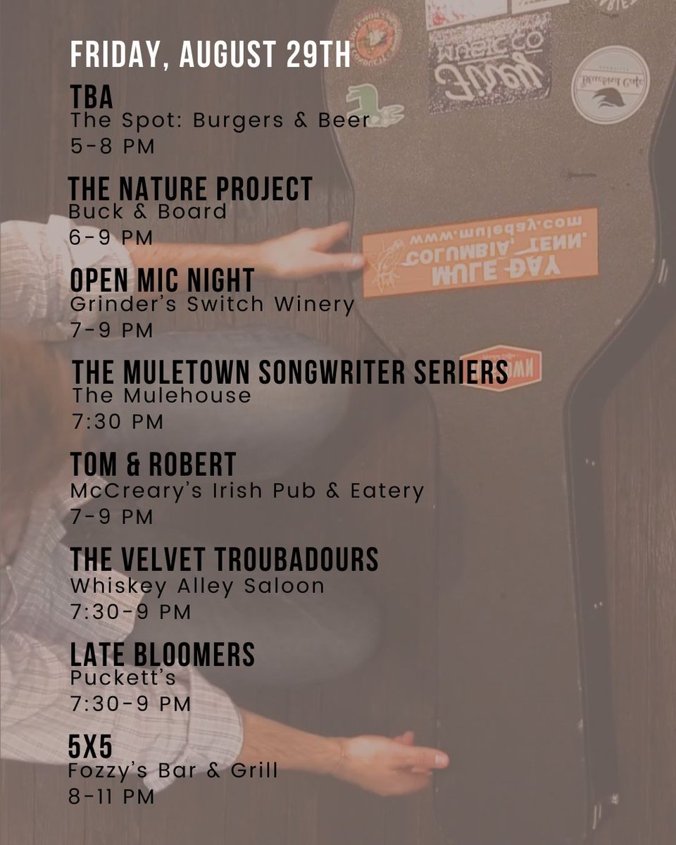 experiencemaury's tweet image. 🎶 Get ready to rock! 🎸 Check out next week's LIVE MUSIC LINEUP!🎤✨ 

#LiveMusic #Events #ExperienceMaury