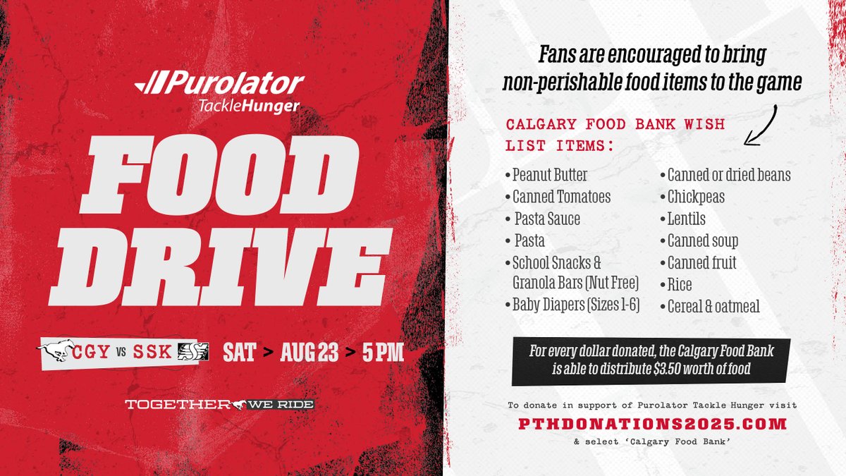 Let's tackle hunger, Calgary! 💪

Below is a wishlist of items to bring to Saturday's game in support of <a href="/PurolatorInc/">Purolator 🇨🇦</a> Tackle Hunger and the Calgary Food Bank ❤️

#TogetherWeRide