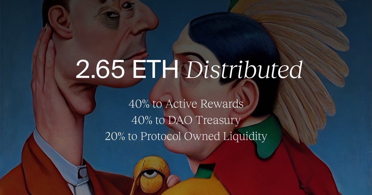 Weekly revenue of 2.65 ETH (~$11,500 USD) has been distributed:

✧ 40% to Active Rewards
✧ 40% to DAO Treasury
✧ 20% to Protocol Owned Liquidity

→ Contributors to Botto's artistry, your rewards are now claimable in your dashboards. Minimum amount to claim is .001 ETH