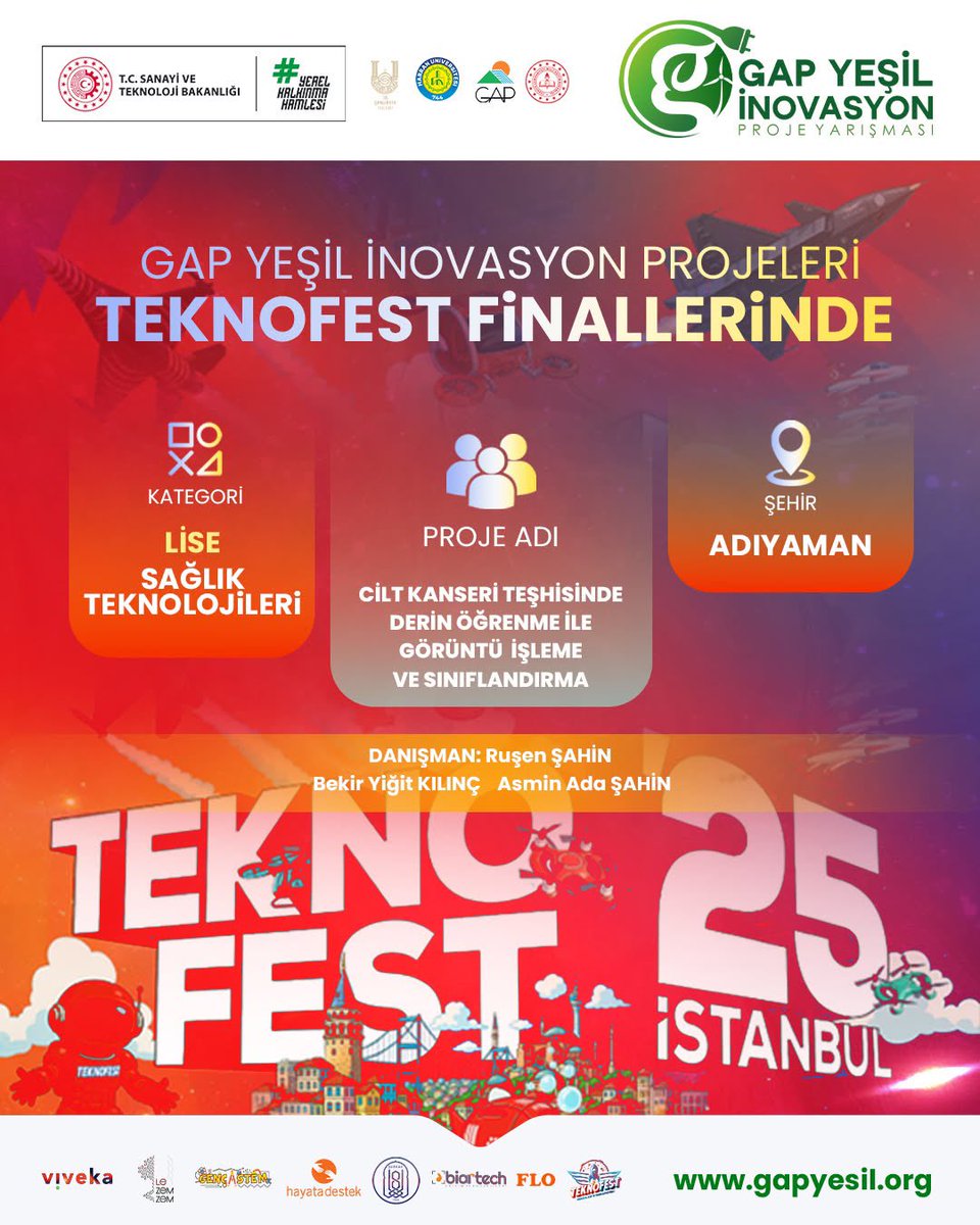 Altınşehir Anadolu Lisesi Proje Okulu GAP Yeşil İnovasyon Proje yarışması kapsamında, Lise Sağlık Teknolojileri kategorisinde ‘’Cilt Kanseri Teşhisinde Derin Öğrenme ile Görüntü İşleme ve Sınıflandırma’’ projesi TEKNOFEST 2025 İstanbul finallerinde yarışmaya hak kazandı.🏅