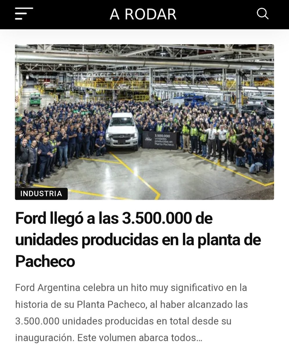 Dato. Falcon, F-100, Fairlane, Taunus, Escort, Focus y ahora la Ranger. Algunos de los modelos de Ford q se produjeron en Pacheco para alcanzar las 3.500.000 de unidades fabricadas en la Argentina por la automotriz. Un hito industrial contado acá 👇 
arodarpost.com.ar