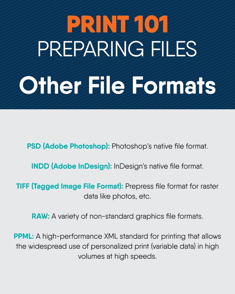 CedarGraphics's tweet image. Print 101: Preparing Files! 📚 Other file formats:
- PSD: Photoshop layers.
- INDD: InDesign layouts.
- TIFF: High-quality raster.
- RAW: Unprocessed images.
- PPML: Personalized printing.
Know your formats!
#Print101 #FileFormats #Prepress #CedarGraphics