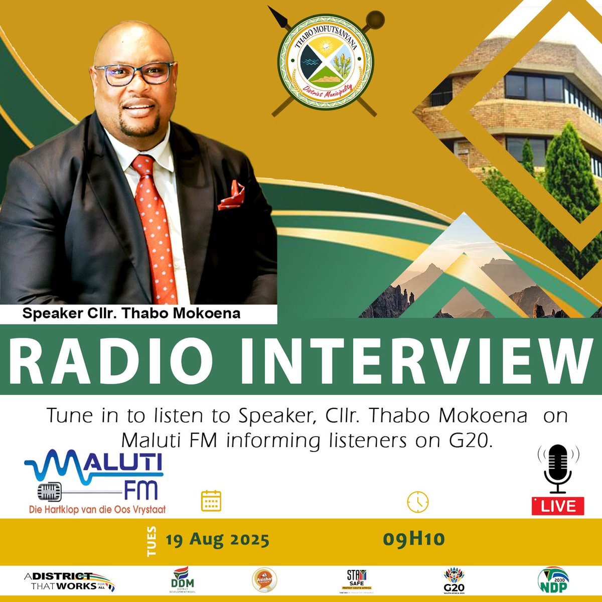 #TeamTMDM 🎙️Thabo Mofutsanya District Municipality Council Speaker, Cllr. Thabo Mokoena Maluti FM Radio Interview.
#DistrictThatWorksForAll #G20 #workingtogether #LeaveNoOneBehind