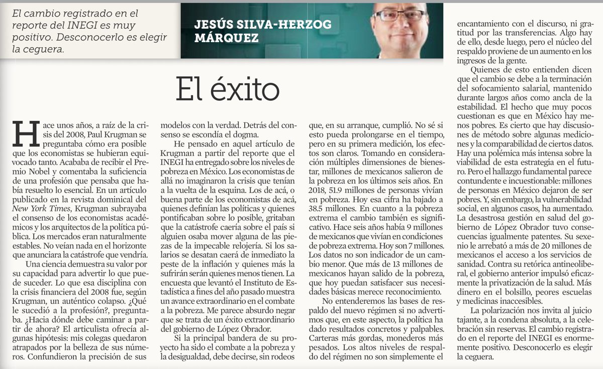 jenarovillamil's tweet photo. Muy recomendable columna de hoy de Jesús Silva Herzog Márquez: hasta entre críticos y adversarios es necesario admitir los logros y el éxito. La reducción de la pobreza es un compromiso cumplido de la cuarta transformación. https://t.co/M60rKXtXFS