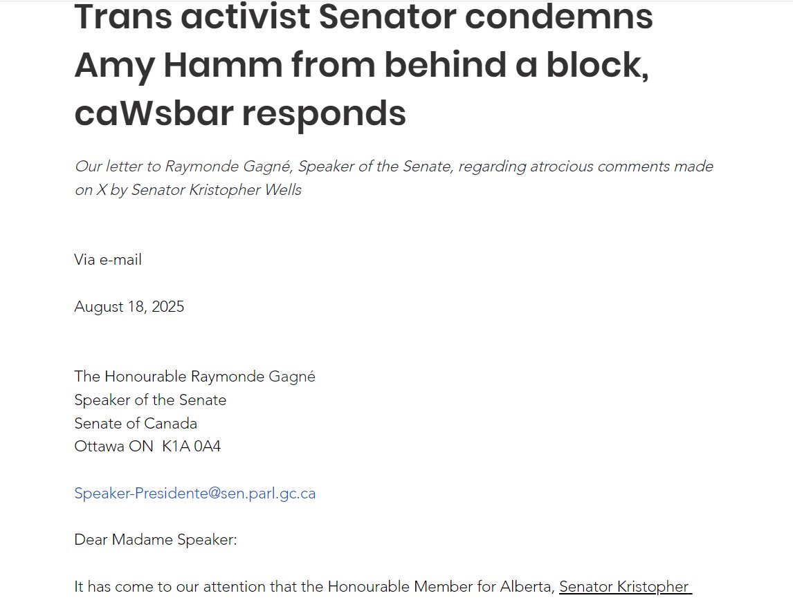 Trans activist Senator condemns Amy Hamm from behind a block, caWsbar responds

🖊️ Read the full letter here 👇
cawsbar.ca/post/trans-act…