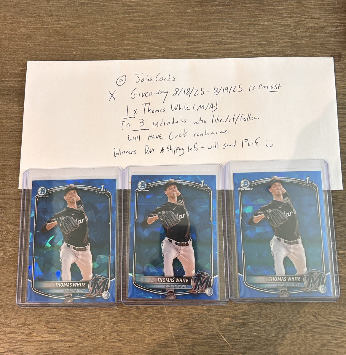 Newbie giveaway time! Hottest (non tong) pitcher in the minors…

Like/Rt/follow me and I’ll have grok pick 3 people who do so to each get a Thomas White base Sapphire 1st card from bowman 2025 at noon tomorrow #giveaway #bowman #thomaswhite