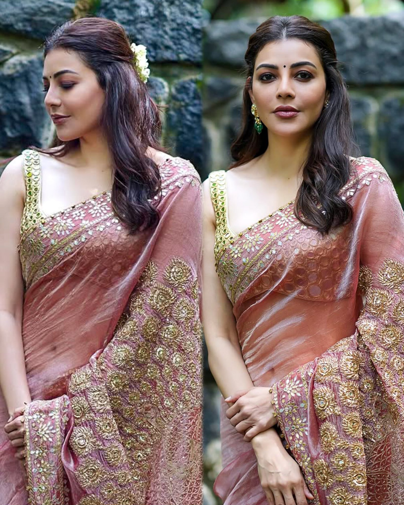 Kajal Agarwal sleeveless saree  Kajal Agarwal latest photos  Kajal Agarwal saree style  Bollywood celebrity fashion  Saree outfit inspiration