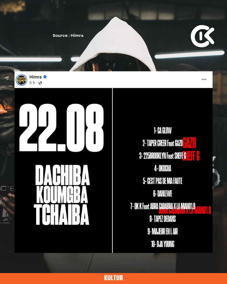 OnDiKwaOfficiel's tweet photo. Le nouvel EP de Himra, "DACHIBA KOUMGBA TCHAIBA", sort ce vendredi 22 août.
10 titres, des featurings de folie avec notamment Gazo et Sheff G, etc...
#Himra #Gazo #NewMusic #Rap225 https://t.co/U97otRlznf