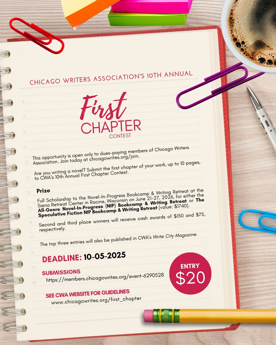 chicagowrites's tweet image. Submit your first chapter to the CWA’s 10th Annual First Chapter Contest! The deadline is October 5, 2025. This opportunity is open only to dues-paying members of the Chicago Writers Association.

For submission guidelines: chicagowrites.org/first_chapter

#firstchapter #writingcontest