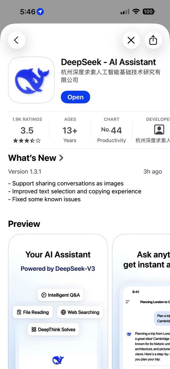 MrGr1ef's tweet photo. 🚨 DeepSeek has updated its iOS app: now you can share conversations as images!

Version 1.3.1 adds support for exporting conversations to pictures, improves text selection and copying, and includes bug fixes. The DeepSeek-V3-based app offers smart Q&A, file reading, web search, and DeepThink for problem-solving.

Are we getting ready for big updates? 👀