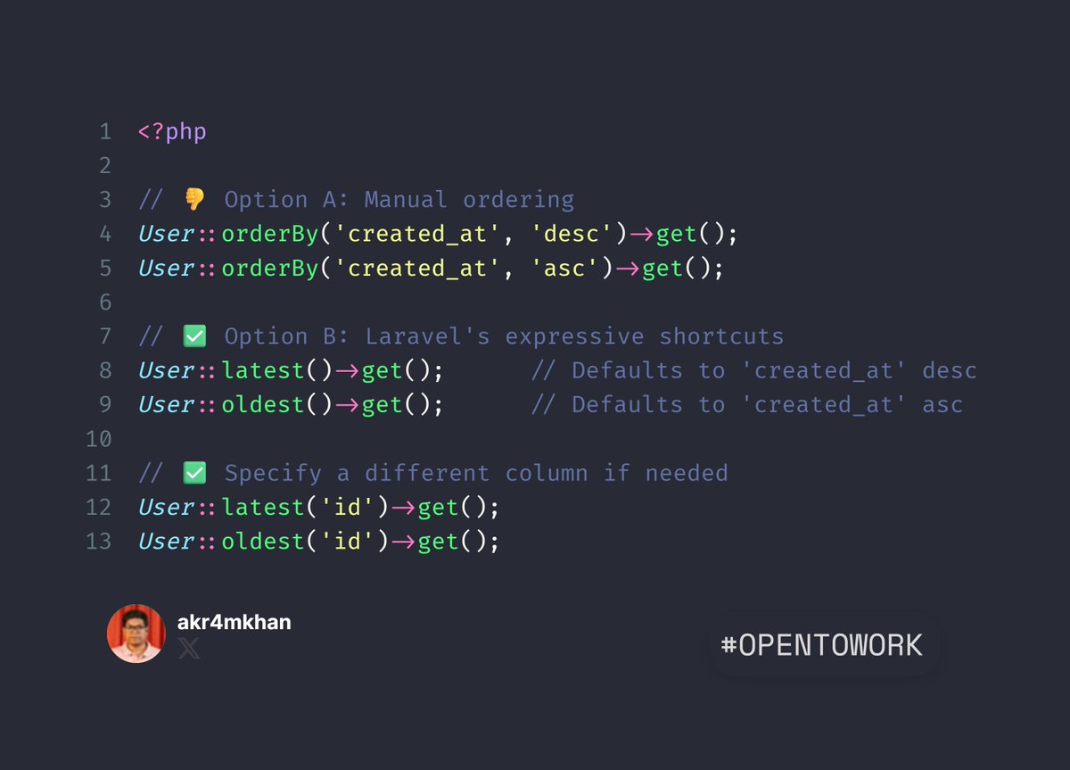 Akr4mKhan's tweet photo. Option B: #Laravel Tips 💡
1️⃣ You’re manually sorting with orderBy('created_at')? Laravel makes this cleaner with latest() and oldest() and you can even sort by other columns too. Much more expressive and elegant.