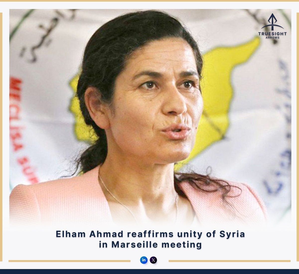 TruesightArrows's tweet image. Syria – SDF official stresses #10MarchAgreement, constitutional path for Syria’s future
Key points:
•Elham Ahmad, Co-Chair of DAANES Foreign Relations, met the Kurdish community in Marseille.
•She highlighted achievements of the #RojavaRevolution and called for Kurdish unity…