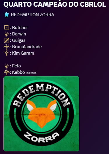 E os grandes campeões dessa quarta edição

REDEMPTION ZORRA