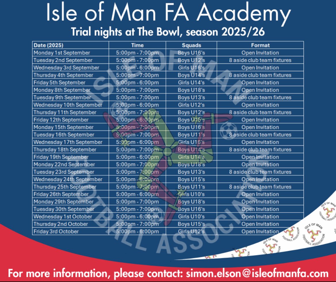 ⚽️ Isle of Man FA Academy Trials 2025/26 
 
Trial nights for all age groups will be held at The Bowl throughout September and early October

All the dates, times &amp; squads are listed in the poster below 👇
 
📩 For more information, contact: simon.elson@isleofmanfa.com
 
#IOMFA