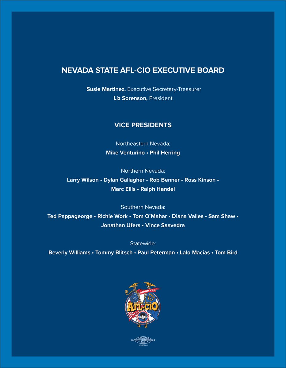 Read the 83rd Legislative Session Report Here: cutt.ly/lrHLlPWV

In June, the Nevada State AFL-CIO Executive Board convened to discuss, review, and ultimately approve this legislative report. 

What was originally intended to be a legislative scorecard shifted into a
