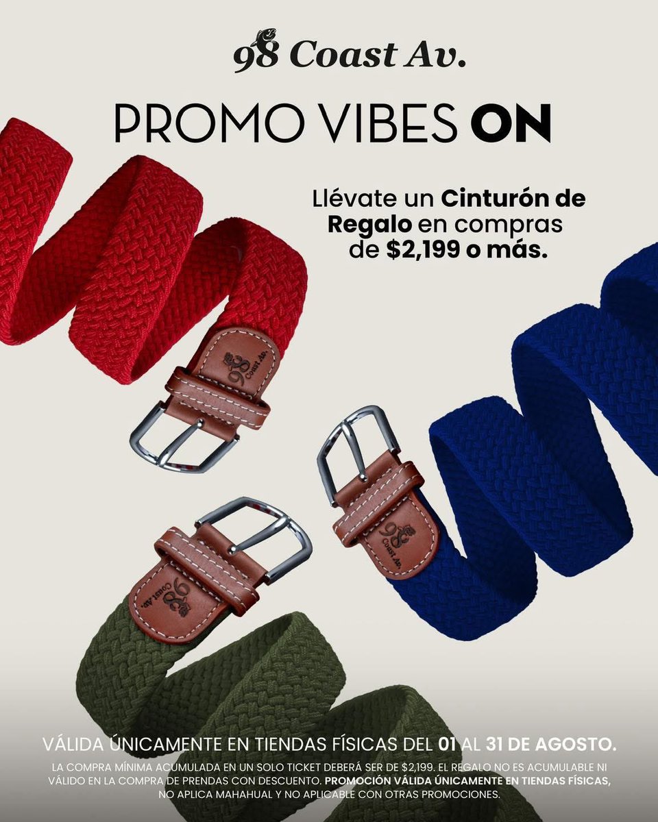 ¡<a href="/98CoastAv/">Coast Av</a> tiene una sorpresa que te va a encantar!

Haz una compra de $2,199 MXN o más y recibe un cinturón de regalo para complementar tu look. 🎉☀️
 
¡Corre por el tuyo antes de que se acaben!
#Andamar