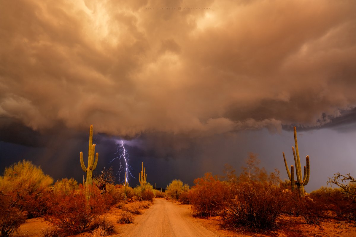 MikeOlbinski's tweet photo. Amazing warm colors dominated the sky Friday night down near Sells, AZ. This storm had some low level rotation as outflows interacted all while kicking out some sick bolts. Sadly missed some of the bigger, closer ones while pulling but what this scene was what I dream about #azwx https://t.co/E82JGNrqPu