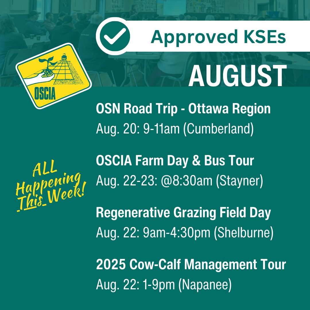 'OFCAF applicants MUST complete an #ontariosoilcrop approved #KSE:

+ The OSN Road Trip: farm tour of cash crop/beef cattle practices, w/focus on rotational grazing &amp; use of 12-way forage mix
+ Summer Farm Day &amp; Bus Tour brings together progressive farmers &amp; guest speakers: