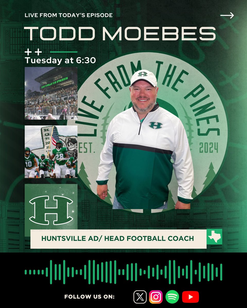 Live From The Pines (@livefrompines) on Twitter photo We’re back and ready for Friday Night Lights! 🔥 Huntsville High School AD & Head Football Coach Todd Moebes joins us LIVE tomorrow at 6:30 on all platforms. Don’t miss it‼️ #txhsfb #bEASTtx <a href="/CoachMoebes/">Todd Moebes</a> <a href="/dctf/">Dave Campbell's — TexasFootball.com</a> <a href="/Matt_Stepp817/">Matt Stepp</a> <a href="/txhsfbchat/">#TXHSFBCHAT🏈</a> <a href="/_HuntsvilleFB_/">Huntsville Hornet Football</a> We’re back and ready for Friday Night Lights! 🔥 Huntsville High School AD & Head Football Coach Todd Moebes joins us LIVE tomorrow at 6:30 on all platforms. Don’t miss it‼️ #txhsfb #bEASTtx <a href="/CoachMoebes/">Todd Moebes</a> <a href="/dctf/">Dave Campbell's — TexasFootball.com</a> <a href="/Matt_Stepp817/">Matt Stepp</a> <a href="/txhsfbchat/">#TXHSFBCHAT🏈</a> <a href="/_HuntsvilleFB_/">Huntsville Hornet Football</a>