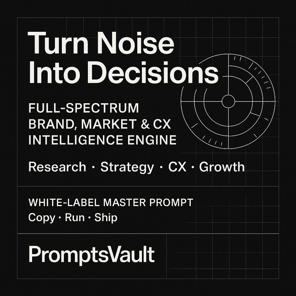 If you run strategy grab this prompt: 

Most brand audits create noise, not decisions. We built a white label master prompt that turns real-time research into a strategy you can ship.

Full Spectrum Brand, Market, Marketing, and CX Intelligence Engine: dub.sh/IntelligenceEn…