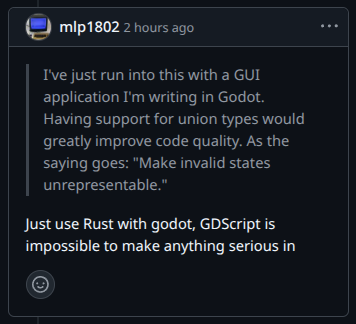 monnef's tweet image. * several years working on a game in #GDScript 😭 *
I completely agree with "serious". 💯
After years of experience, I can say with certainty that I would never choose GDScript again for any substantial project beyond a week's work. 😔
#gamedevelopment #gamedev #GodotEngine