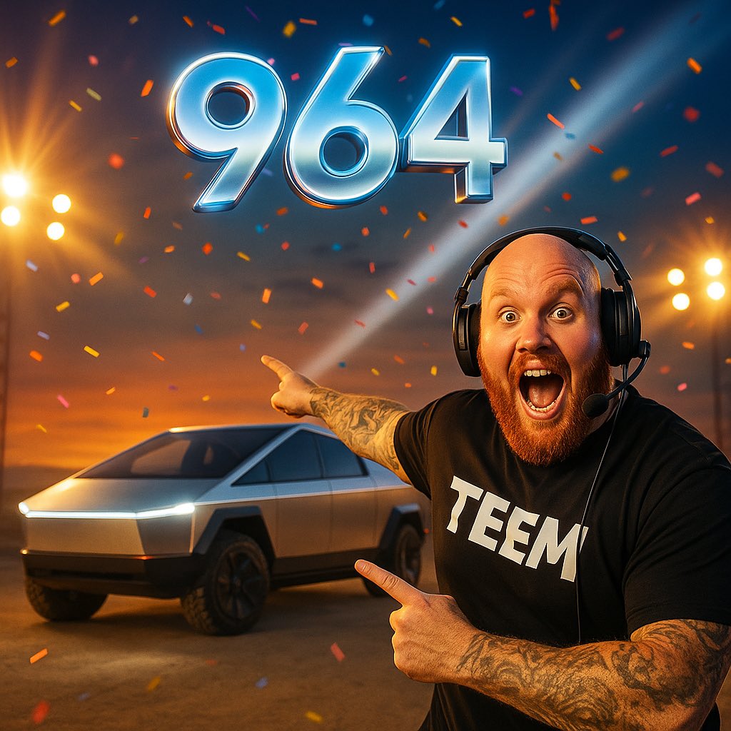 TO <a href="/elonmusk/">Elon Musk</a>

DAY 964 AND WE ARE LOCKED IN

Chat gather up
Big bald dad here with a beard and a dream
I am asking for a free CyberBeast

Picture this
We spot that stainless legend and my little guy Henry explodes with joy
He yells “Cybatwuck” at max volume
Every single time
We