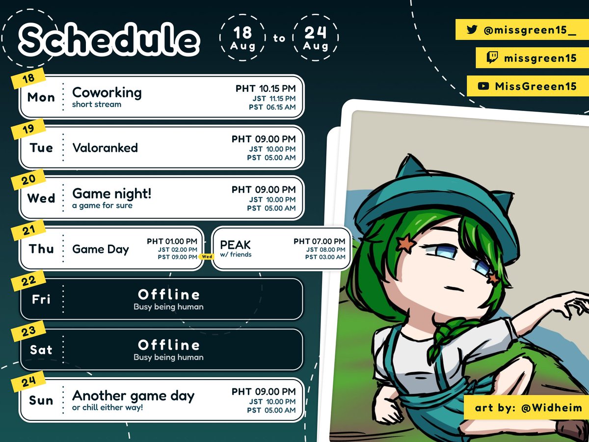 missgreen15_'s tweet photo. ❗️Schedule of the week❗️
WOW A SCHEDULE! FINALLY?!
Game day on Thu and Sun can either be early or late depending on the time I'm free!!
⭐️Layout by @/NikkiGZ0
💫Scheduler by @/chrone_co
🐾Art by @/widheim
#MurLive #PHVtuber #ENVtuber https://t.co/X94ygqvtHL