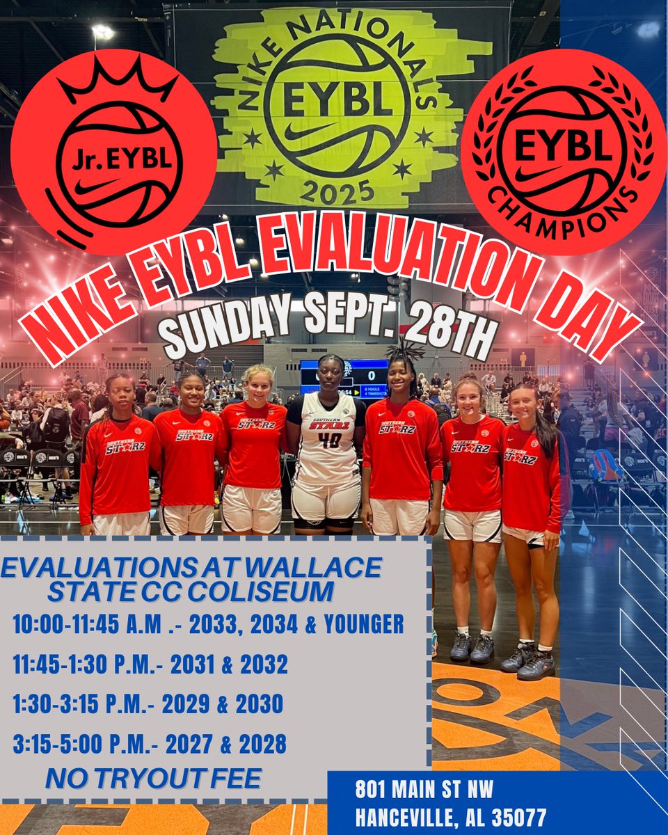 AL Southern Starz (@alsostarz) on Twitter photo COME Check Out one of the TOP NIKE EYBL, EYCL & JR EYBL Programs in the Country!  This is the TOP CIRCUIT in GBB!  Fall Evals / Tryouts on Sunday Sept 28 at Wallace St CC in Hanceville AL!  No Tryout Fee!  Don’t Miss Out!  Go STARZ!  ⭐️ COME Check Out one of the TOP NIKE EYBL, EYCL & JR EYBL Programs in the Country!  This is the TOP CIRCUIT in GBB!  Fall Evals / Tryouts on Sunday Sept 28 at Wallace St CC in Hanceville AL!  No Tryout Fee!  Don’t Miss Out!  Go STARZ!  ⭐️