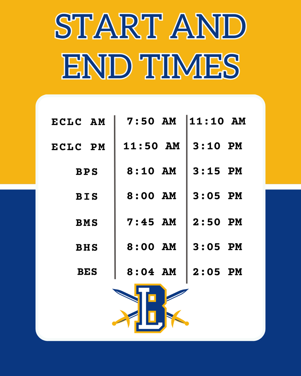 We are so excited to start the school year tomorrow! Here are the start and end times for each building. #OneLiberator