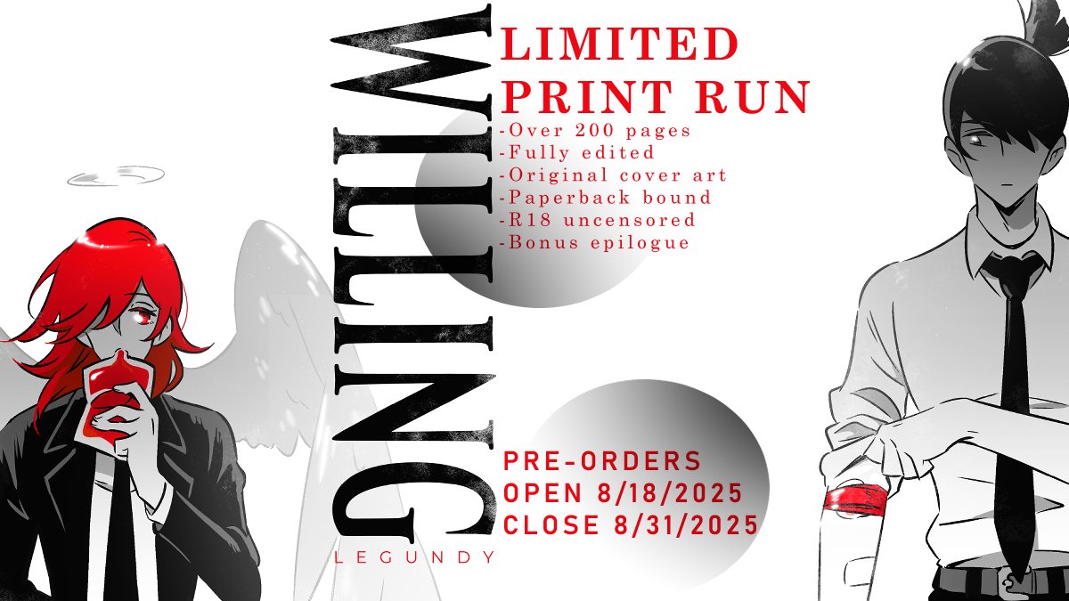 LEGUNDYofficial's tweet photo. ❣WILLING: PRINT EDITION❣
Preorder period OPEN!

With an original cover, fully edited content, and a bonus epilogue, a paperback copy of my Chainsaw Man Aki/Angel fanfiction is in production!

Preorders open from today to 8/31. Shipment is planned for Sept/Oct. 🔗 form below! https://t.co/EhnZFIGAel