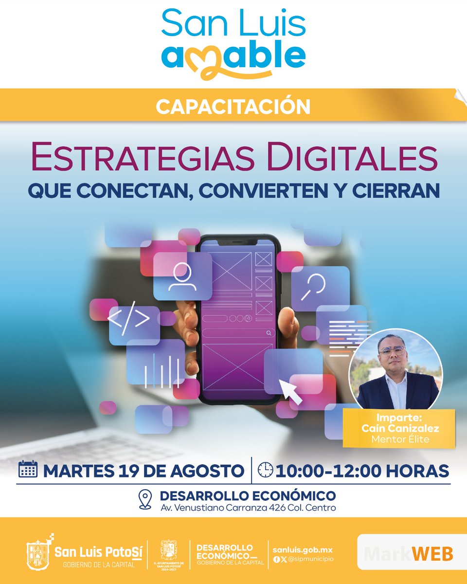 Capacitación: "Estrategias Digitales que conectan, convierten y cierran”

Fecha: 19 de agosto a las 10 hrs

Dirección de Desarrollo Económico, Carranza #426
 
Inscríbete: docs.google.com/forms/d/e/1FAI…