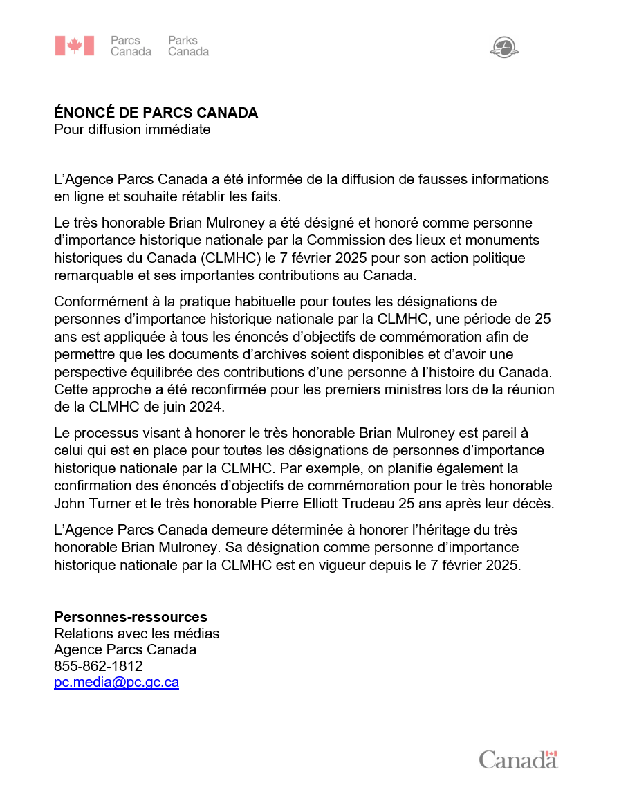 ParcsCanada's tweet photo. Énoncé de Parcs Canada concernant la désignation du Très honorable Brian Mulroney comme personne d’importance historique nationale - https://t.co/iGJCPPvOsm https://t.co/NrXkvNCztG
