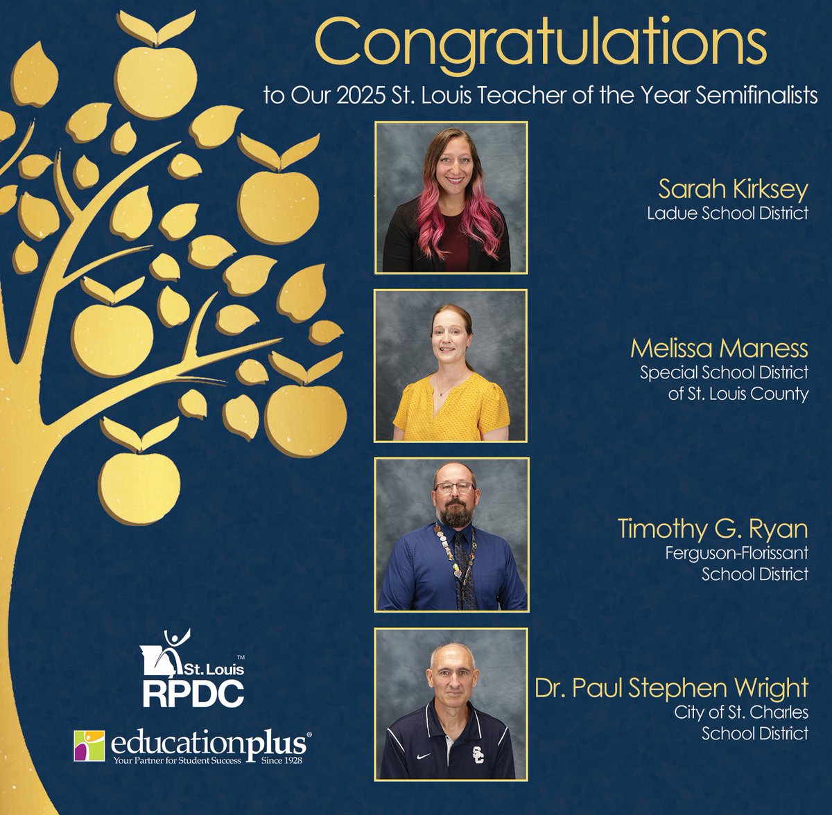 EducationPlus (@educplus) on Twitter photo Congratulations to the St. Louis area Teacher of the Year semifinalists!
<a href="/LadueSchools/">Ladue Schools</a>
<a href="/SSDStLCo/">Special School District of St. Louis County</a>
<a href="/FergFlorSchools/">Ferguson-Florissant</a>
<a href="/StChasCitySch/">StCharlesCitySchools</a>
Read the press release: ow.ly/tK6A50WHJw1
#EdPlus #STLedu #K12 Congratulations to the St. Louis area Teacher of the Year semifinalists!
<a href="/LadueSchools/">Ladue Schools</a>
<a href="/SSDStLCo/">Special School District of St. Louis County</a>
<a href="/FergFlorSchools/">Ferguson-Florissant</a>
<a href="/StChasCitySch/">StCharlesCitySchools</a>
Read the press release: ow.ly/tK6A50WHJw1
#EdPlus #STLedu #K12