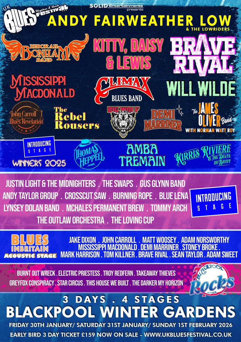 The UK Blues, Rhythm &amp; Rock Festival, happening from Friday, January 30th to  February 1st, 2026, at the Winter Gardens Blackpool  This year promises to be bigger and better than ever, with 4 dynamic stages showcasing over 40 Acts

Ticket link below 👇 

solidentertainments.com/blues/uk/index…