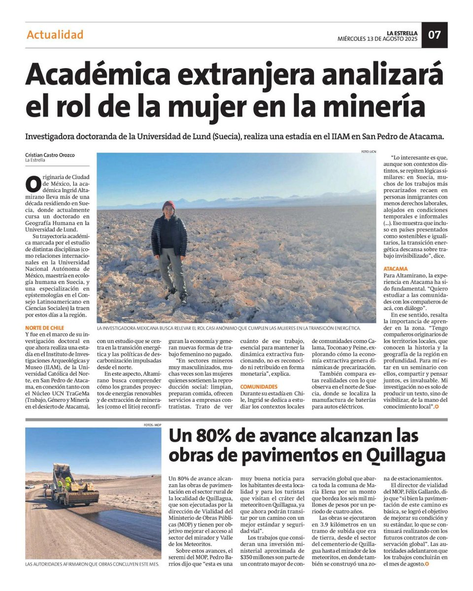 🌍✊ Desde Suecia al desierto de Atacama: damos la bienvenida a Ingrid Altamirano, investigadora mexicana que realiza una estadía en el IIAM-UCN, en el marco de su tesis doctoral en Geografía Humana en la Universidad de Lund.

Con un enfoque en la ecología política feminista,