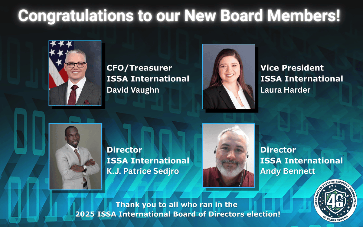 Election results are in!
Congrats to the 2025 ISSA International Board of Directors 
Thank you to all candidates for stepping up to serve.
Meet the new Board + hear what’s ahead at the Annual Meeting:
Aug 28 | 1 PM EDT | Virtual
Register:us02web.zoom.us/webinar/regist…

#ISSAIntl