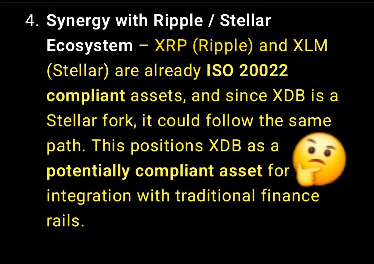 JussSef's tweet image. 🚨The Blockchain for Brands is here → #XDBChain ⚡‼️

✅Built on #Stellar ($XLM) speed
✅Inspired by #Ripple ($XRP) utility.
✅ Ready for #ISO20022 global adoption. 🌐

✅️From Payments to Loyalty
 to REAL-WORLD USE CASES …
$XDB is where business meets blockchain ‼️📈
#Crypto…