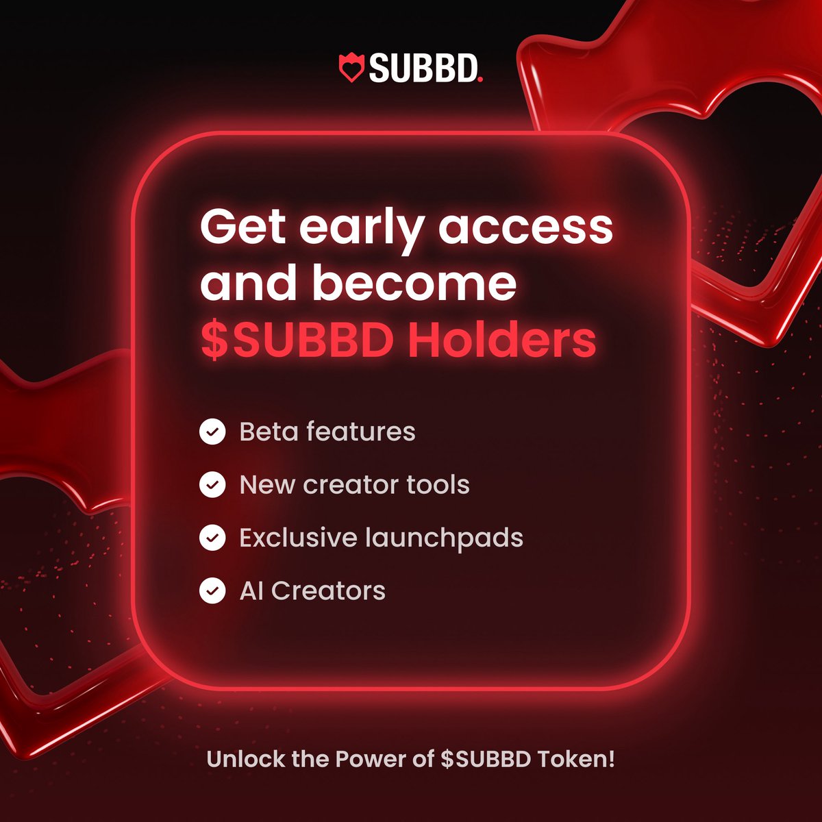 Why wait for the future when you can own it? 🚀

$SUBBD holders get:

✨ First access to every update
✨ Tools to grow faster
✨ Private launchpads &amp; AI creator perks

Be first. Be VIP. Be $SUBBD. ♥️