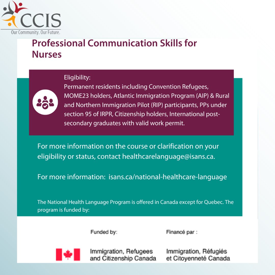 CCIS (@ccisab) on Twitter photo 🩺 Are you an Internationally Educated #Nurse in Canada with CLB 6+? Boost your confidence & communication skills in this free 8-week online course — new classes start every Monday!📩 healthcarelanguage@isans.ca 🔗 isans.ca/national-healt…
#InternationallyEducatedNurses #CCIS #YYC 🩺 Are you an Internationally Educated #Nurse in Canada with CLB 6+? Boost your confidence & communication skills in this free 8-week online course — new classes start every Monday!📩 healthcarelanguage@isans.ca 🔗 isans.ca/national-healt…
#InternationallyEducatedNurses #CCIS #YYC