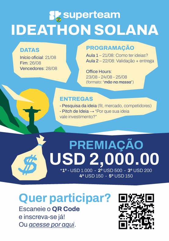 Chegou a hora de tirar sua ideia do papel, vai começar o primeiro IDEATHON da Solana no Brasil!

Para isso gostaríamos de convidar estudantes, desenvolvedores, empreendedores, entusiastas e inovadores brasileiros a transformarem suas ideias em projetos reais no ecossistema Web3.