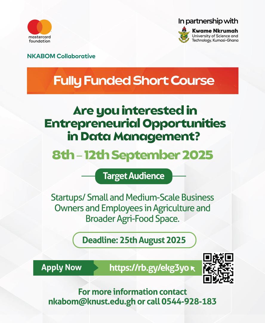Calling all aspiring entrepreneurs!
Explore fully-funded opportunities in Data Management through the KNUST Nkabom Project.
Gain skills, mentorship &amp; support to transform ideas into impact.