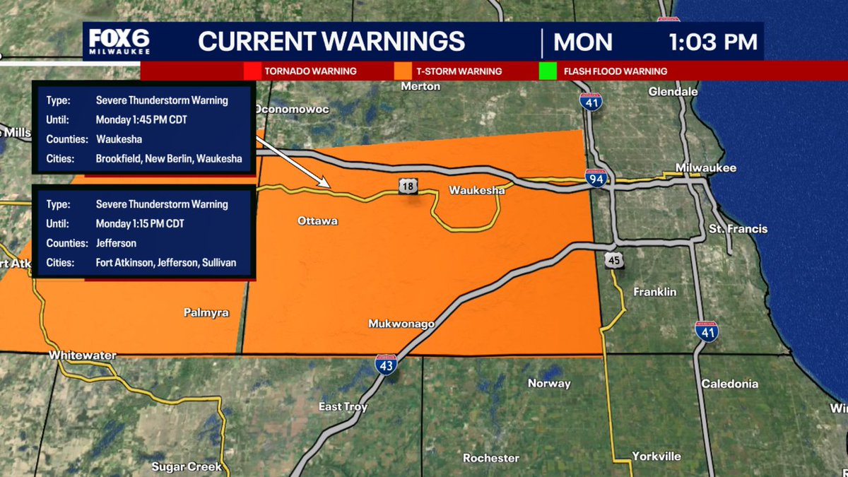 A Severe Thunderstorm Warning has been issued for parts of SE WI until 8/18 1:45PM. Make sure your cell phone emergency alerts are set to "ON." Tune into FOX6, Download the FOX6 Storm Center App &amp; FOX Local App for the latest information.