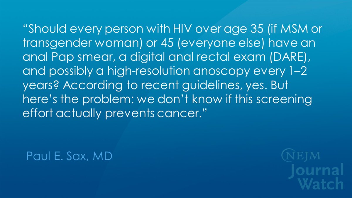 Anal Cancer Screening in HIV: When Guidelines Get Ahead of the Evidence
Read the latest in HIV and ID Observations from <a href="/PaulSaxMD/">Paul Sax</a>: jwat.ch/4fR8s03

#IDTwitter