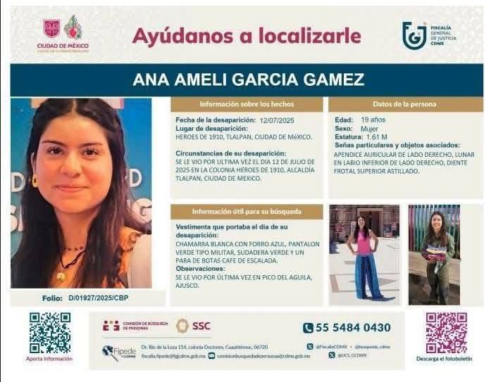 Carlos Jiménez (@c4jimenez) on Twitter photo UN MES sin ANA AMELI
La Fiscalía de Desaparecidos de <a href="/FiscaliaCDMX/">Fiscalía CDMX</a> detuvo ya los rastreos en la zona del Ajusco.
Tampoco ha obtenido avances sobre otras líneas de investigación de su paradero.
Pasó ya más de un mes desde q desapareció, y su familia sigue su búsqueda. UN MES sin ANA AMELI
La Fiscalía de Desaparecidos de <a href="/FiscaliaCDMX/">Fiscalía CDMX</a> detuvo ya los rastreos en la zona del Ajusco.
Tampoco ha obtenido avances sobre otras líneas de investigación de su paradero.
Pasó ya más de un mes desde q desapareció, y su familia sigue su búsqueda.